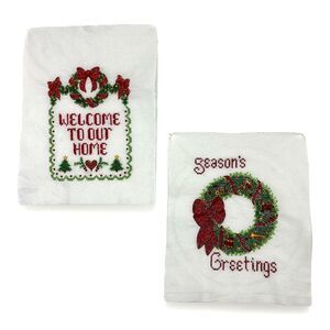 2 Christmas Cross Stitch Samplers Welcome To Our Home Seasons Greetings Finished